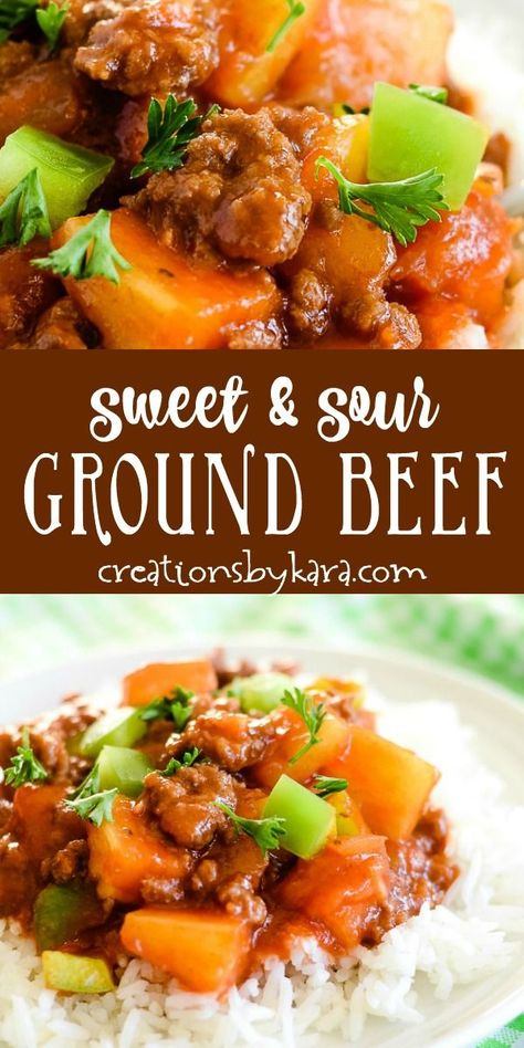 Recipe for Sweet and Sour Ground Beef - made in a skillet with simple ingredients, this dish is ready in 30 minutes. The taste of sweet and sour meatballs, but so much faster! A perfect family dinner recipe. #sweetandsour #sweetandsourgroundbeef #sweetandsourbeef #dinnerrecipe #groundbeefrecipe -from creationsbykara.com Ground Beef And Pineapple Recipes, Sweet And Sour Beef, Sweet And Sour Recipes, Family Dinner Recipe, Ground Beef Recipe, Sweet And Sour Meatballs, Dinner Recipes Easy Quick, Beef Recipe, Dinner Meals