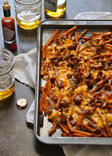 sweet potato fries with andouille gravy and pimento cheese Andouille Gravy, Pimento Cheese Recipes, Pimiento Cheese, Pimento Cheese, Potato Fries, Andouille, Poutine, Football Food, Fried Potatoes