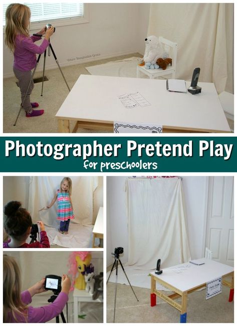 Fun photographer dramatic play activity for preschoolers! Turn your playroom into a pretend play photo studio and explore taking photos with kids! A simple but fun activity for kids that love cameras! #preschool #kidsactivities #PretendPlay #DramaticPlay Photography For Preschoolers, Artist Dramatic Play, Photography Dramatic Play, Camera Study Preschool, Play Activity For Preschoolers, Preschool Photography, Play For Preschoolers, Dramatic Play Activities, Pretend Play Ideas