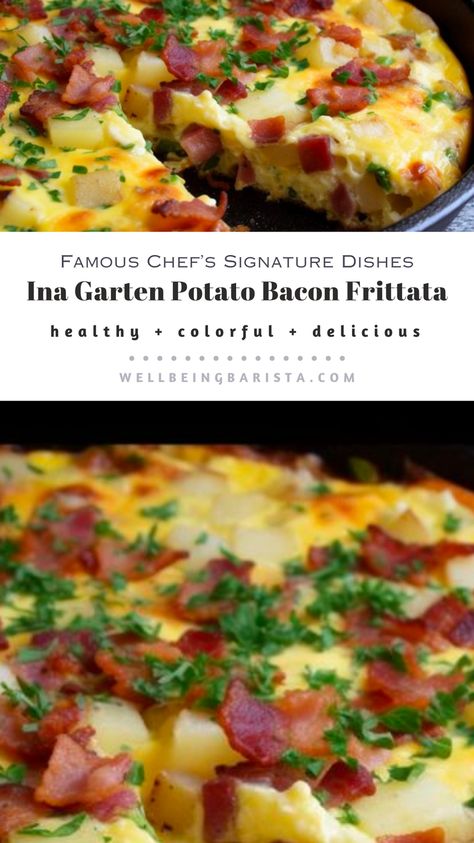 Experience breakfast like never before with Ina Garten's Bacon Potato Frittata blending bacon and potatoes in a delightful egg ensemble. Bacon And Potatoes, Bacon Omelette, Bacon Cheese Potatoes, Potato Frittata Recipes, Hearty Breakfast Recipes, Bacon Frittata, Potatoes Crispy, Potato Frittata, Potato Bacon