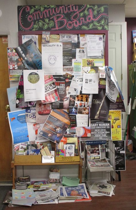 Lots going on in this community! Looks like some cubbies could help get the literature on the floor. Fun sign and coordinating color on the frame of the bulletin board. Bookstore Bar, Bookstore Business, Bookstore Ideas, Community Bulletin Board, Store Flyers, Fun Sign, Cute Little Houses, Copper Kettle, Community Boards