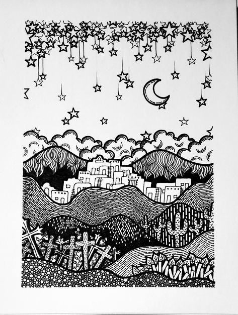 Landscape Pattern Drawing, Star Zentangle Pattern, Star Mandala Art, Zen Tangle Landscape, Zentangle Landscape Line Drawings, Doodle Art Landscape, Cloud Zentangle, Mountain Zentangle, Star Zentangle