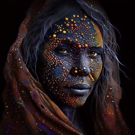 Step into the enchanting world of an Aboriginal Australian woman, where vibrant dots and lines come together to weave tales of Dreamtime… | Instagram Aboriginal Portrait, Dot And Line, Aboriginal Dreamtime, Stars In The Night Sky, Women Of All Sizes, Portraits Art, Aboriginal Culture, Native Australians, Animal Portraits Art