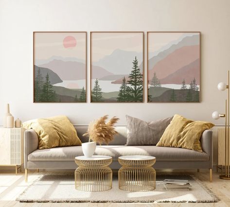 Peach Landscape, Modern Boho Wall Decor, Minimal Landscape, Artwork Landscape, Abstract Mountain, Mid Century Modern Walls, Nature Artwork, Mountain Print, 3 Piece Wall Art