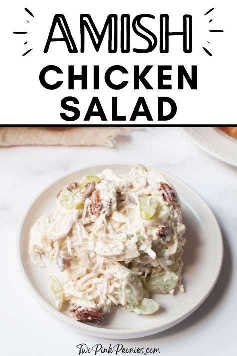 Text that says Amish Chicken Salad below the text is an image of chicken with pecans and grapes on a white plate. Amish Chicken Salad Recipe, Amish Chicken Salad, Old Fashioned Chicken Salad Recipe, Chicken Salad Recipe With Almonds, Homemade Sandwiches, The Best Chicken Salad, Best Chicken Salad, Best Chicken Salad Recipe, Amish Chicken