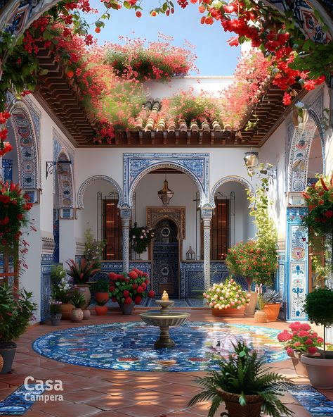 Immerse yourself in the charm of this Spanish courtyard adorned with vibrant bougainvillea and intricate blue tile work. The central fountain adds a touch of tranquility, creating a perfect outdoor haven. Follow CasaCampera for more enchanting garden inspirations! Spanish Tiles Outdoor, Bohemian Courtyard Ideas, Arab Style Courtyard, Colour Schemes Kitchen, Enclosed Courtyard Ideas, Central Courtyard Design, Spanish Courtyard Ideas, Two Chairs Living Room, Central Courtyard House