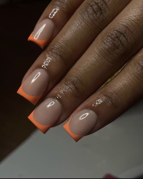 Short Square Orange French Tips, Long Extendo Nails, Short Orange French Tip, Orange Tips Acrylic Nails, Short Orange French Tip Nails, Acrylic Nails Medium Square, Orange French Tip Nails Acrylics, Orange Nails French Tip, Medium Square Acrylic Nails Simple