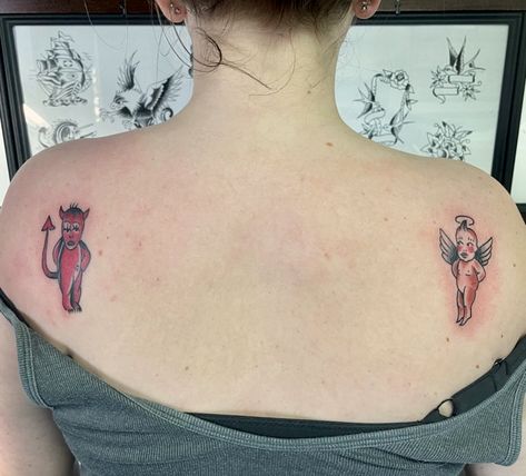 Angel And Devil Tattoo On Shoulder, Angel And Devil Shoulder Tattoo, She Devil Tattoo, Devil And Angel Tattoo, Angel And Devil Tattoo, Angel Devil Tattoo, Devil Tattoo, Angel Devil, Cute Small Tattoos