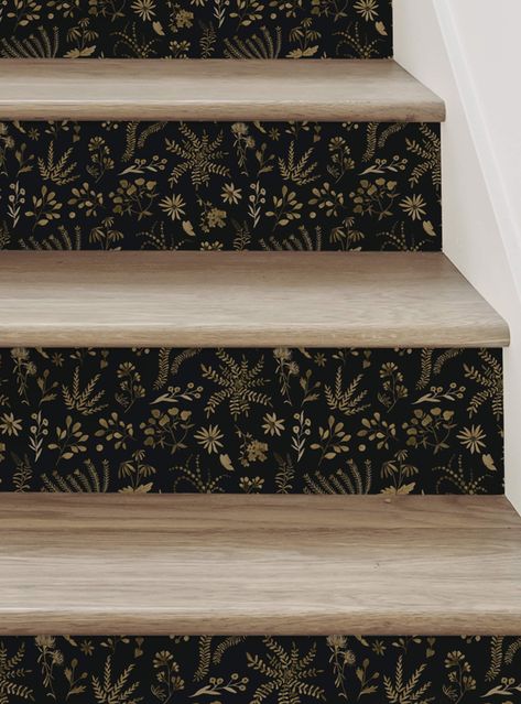 Stair Riser Vinyl, Black Staircase, Wallpaper Stairs, Stairs Renovation, Stair Decals, Black Stairs, Moroccan Tiles Pattern, Stair Riser Decals, Stairs Makeover