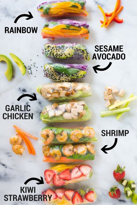 5 Healthy Spring Roll Recipes | Enjoy these 5 different Healthy Spring Roll Recipes from vegetarian, protein packed, and even fruity spring rolls plus how to make a special spring roll dipping sauce for each one – these spring rolls are really fun, fresh, and super easy! | A Sweet Pea Chef High Protein Spring Rolls, Healthy Spring Rolls Recipe, Spring Roll Recipes, Spring Roll Dipping Sauce, Spring Roll Salad, Fresh Spring Rolls Recipe, Easy Spring Rolls, Healthy Spring Rolls, Spring Roll Sauce