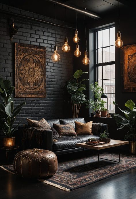 Dark Interior With Plants, Black And Rustic Living Room, Black Industrial Living Room, Black Bohemian Living Room, Dark Western Boho Living Room, Dark Living Room Decor Ideas, Black And Earthy Living Room, Edgy Boho Decor, Black Flooring Living Room