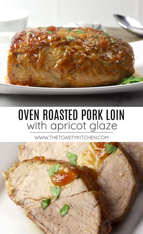 Oven roasted pork loin is an impressive main course that turns out tender, juicy, and flavorful. Perfect for a weeknight meal or to serve to company! Topped with a sweet and tangy apricot glaze. Oven Roasted Pork Loin, Boneless Pork Loin Recipes, Pork Loin Oven, Pork Loin Recipes Oven, Apricot Pork, Oven Roasted Pork, Pork Roast With Apples, Comfy Kitchen, Boneless Pork Loin Roast