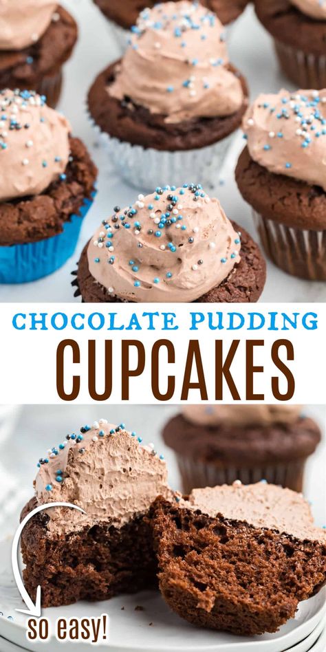 Moist and delicious, these Chocolate Pudding Cupcakes are unbelievably easy to make! Instant pudding mix and cake mix come together for the perfect handheld chocolate dessert. Chocolate Pudding Cupcakes, Chocolate Pudding Cups, Banana Pudding Cupcakes, Cake Mix Cupcakes, Cake Mix Muffins, Pudding Cupcakes, Boxed Cake Mixes Recipes, Chocolate Pudding Cake, Chocolate Pudding Recipes