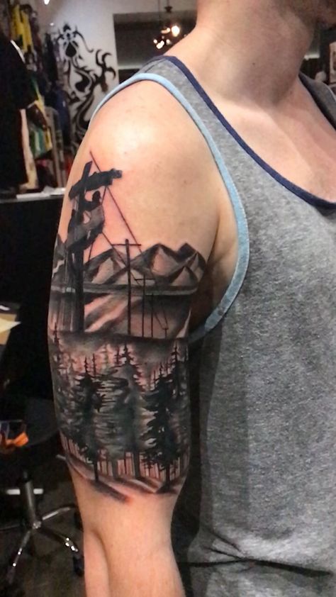 #treetattoo #blackandgray #powerline #tattoo #tattooartist #orlandotattoo by"Moy" Lineman Tattoos For Men, Linemen Tattoos, Lineman Sleeve Tattoo, Oil Field Tattoos For Men, Oilfield Tattoos For Men, Powerline Tattoo, Power Lineman Tattoo, Lineman Tattoos, Lineman Wife Tattoo