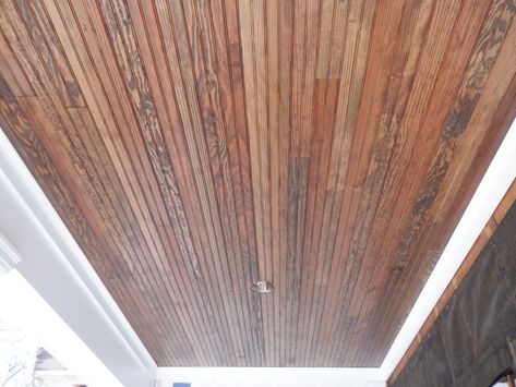 Porch Ceilings Gallery | Siding Express Porch Ceiling Beadboard, Beadboard Porch Ceiling Stained, Pole Barn Interior Ideas, Stained Beadboard Ceiling, Beadboard Porch Ceiling, Stained Beadboard, Pole Barn Interior, Brick Porch, White Beams