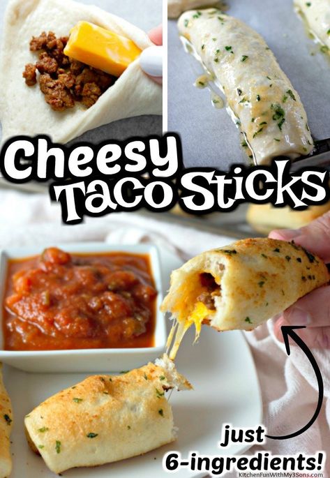 Savory Bread Recipes, Cheesy Taco Sticks, Taco Sticks, Mexican Cornbread Recipe, Cheese Taco, Savory Bread Recipe, Football Party Foods, Easy To Make Snacks, Football Party Food