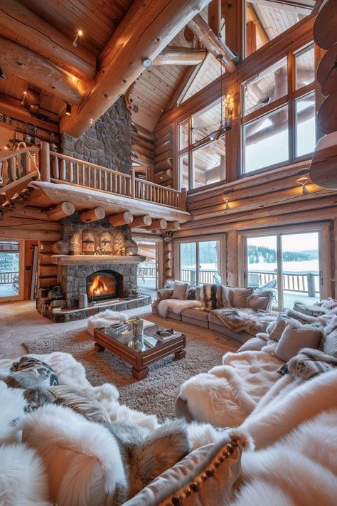 Christmas Beach House, Winter Lodge Interior, Open Concept Cabin, Winter House Interior, Winter Cabin Interior, Cabin House Interior, Luxury Cabin Interior, White Cabin, Cozy Lodge