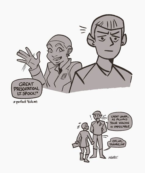 Star Trek Snw Fanart, Strange New Worlds Spock, Star Trek Spock Strange New Worlds, Spirk Aesthetic, Star Trek Strange New Worlds Fanart, Uhura Fanart, Spirk Comics, Spock Fanart, Ethan Peck