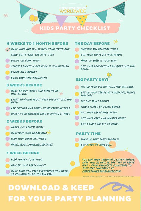 The key to a good party is good planning – get everything done at the right time and there will be no last-minute panics, no missing cakes, and no bored children running rings around you. Our Kids Party Checklist will take you every step of the way from sending that first ‘Save the Date’ text to opening the front door to the first excited little guest. Click the link to download & keep!  #kidsparty #kidspartyplanning #kidspartychecklist #kidspartyinspiration Kids Party Checklist, Kids Birthday Party Checklist, Save The Date Text, Party Music Playlist, Birthday Party Checklist, Kids Party Planning, Kids Party Inspiration, Children Running, Roblox Party