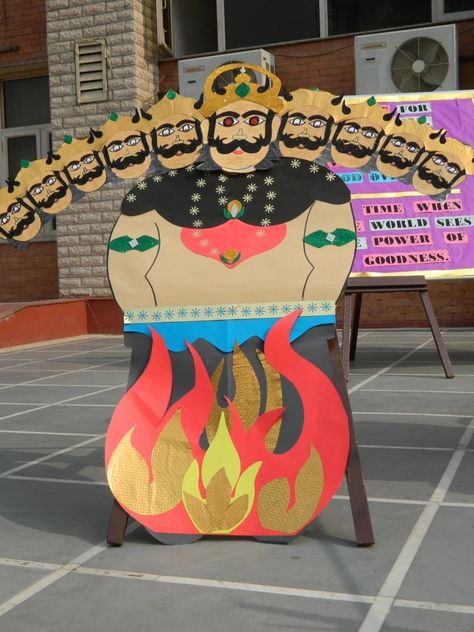 Dussehra Theme Decoration, Dasara Board Decoration Ideas, Dussehra Chart For School, Dusherra Board Decoration, Ravan Craft Ideas, Dussehra Board Decoration In School, Dusshera Decoration Ideas For School, Dussera Decor Ideas, Dasara Decoration Ideas For School