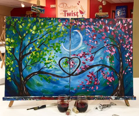 2 Piece Painting Ideas, Canvas Painting Of Couples, Partner Canvas Painting Ideas, Set Of Two Canvas Painting Ideas, Date Night Painting Ideas, Step By Step Painting For Couples, Matching Painting Ideas, Double Canvas Painting Ideas, Painting With A Twist Ideas For Couples