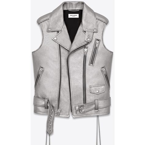 Saint Laurent Classic Sleeveless Motorcycle Jacket In Silver Leather ($2,969) ❤ liked on Polyvore featuring outerwear, jackets, vest, tops, silver, rider jacket, motorcycle jacket, biker jacket, moto jacket and yves saint laurent Silver Motorcycle, Saint Laurent Store, Sci Fi Clothing, Man Jacket, Rider Jacket, Classic Corvette, Motorcycle Jacket Mens, Vest Tops, Futuristic Style