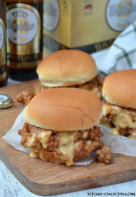 Cheese Sloppy Joes, Sloppy Joe Sliders, Sloppy Joes Sliders, Beer Cheese Sauce, Sloppy Joe Sauce, Beer Bacon, Beer Cheese, Game Day Snacks, Sloppy Joe