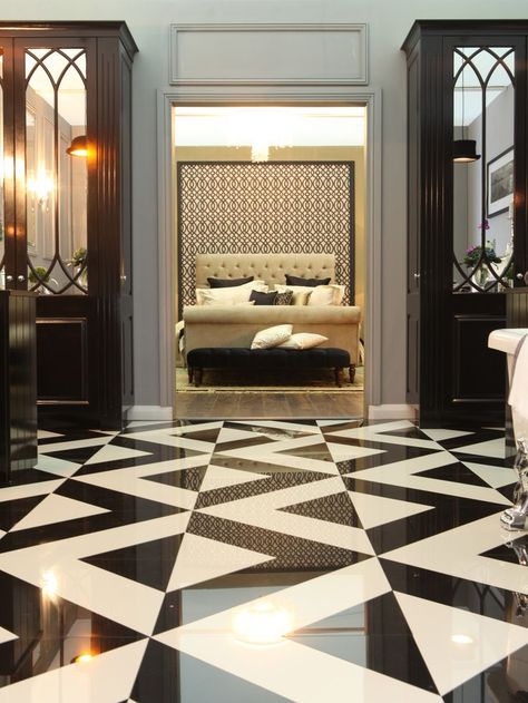 Gatsby's bathroom at Ventura Design's Great Gatsby Show House in the Autumn Ideal Home Show. Black Marble Tile, Black And White Floor, Marble Flooring Design, White Marble Floor, Tiled Floor, White Floor, Marble Flooring, Black And White Tiles, Black And White Marble