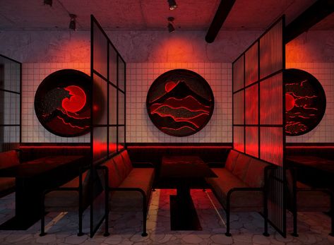 Sushi Store Design, Red Restaurant Interior, Japanese Bar Design, Sushi Restaurant Design, Japanese Diner, Asian Restaurant Interior Design, Chinese Restaurant Interior Design, Asian Bar, Sushi Bar Design