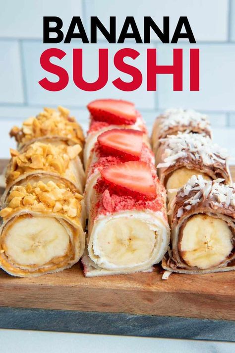 Chocolate Sushi, Banana Sushi Rolls, Sushi Dessert, Fruit Sushi, Banana Sushi, Easy Snacks For Kids, Diy Snacks, Summer Snacks, Easy Snack Recipes