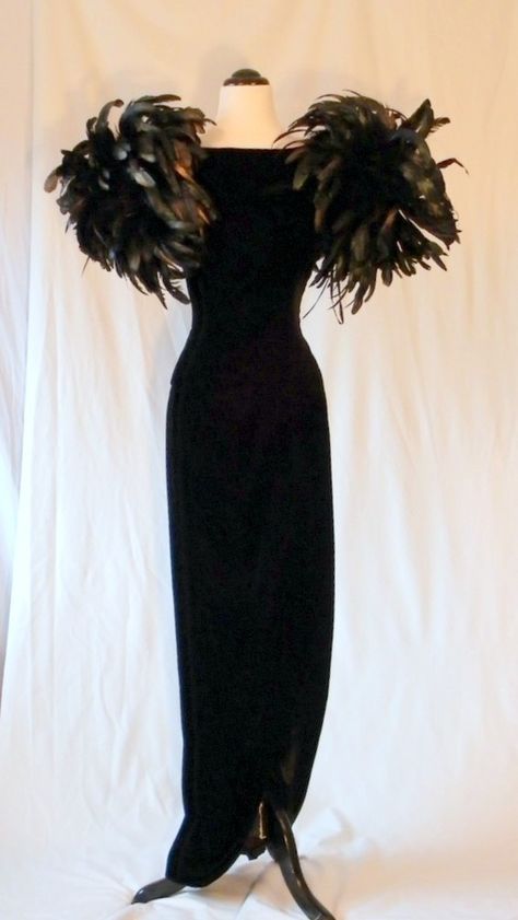 Victor Costa evening dress    We have several gowns from this collection, coming soon ! Feather Evening Gown, Victor Costa Dress, Vintage Frocks, Evening Gown Black, Feather Gown, Victor Costa, January 5th, Old Hollywood Style, Black Clothes