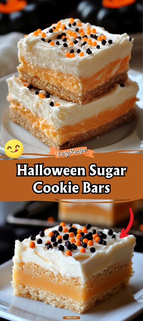 Celebrate spooky season with our Halloween Sugar Cookie Bars. These colorful, frosted bars are sprinkled with Halloween-themed toppings, making them a hit at any costume party or school event. #HalloweenCookies #SugarCookieBars #SpookySnacks Halloween Cheesecake Bars, Halloween Cookie Bars, Baking Pan Recipes, Pillsbury Halloween Cookies, Halloween Cheesecake, Chicken Cake, Pan Cookies, Halloween Sugar Cookies, Orange Food Coloring