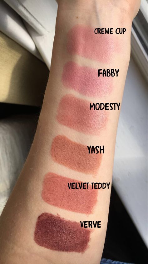 These are my favourite Mac lipsticks 😍  Creme cup, fabby, modesty, yash, velvet teddy and verve ❤️👌🏼 Mac Lipstick Yash, Mac Fabby Lipstick, Velvet Teddy Mac Lipstick, Creme Cup Mac Lipstick, Mac Yash Lipstick, Mac Verve Lipstick, Mac Modesty Lipstick, Mac Creme Cup, Mac Modesty