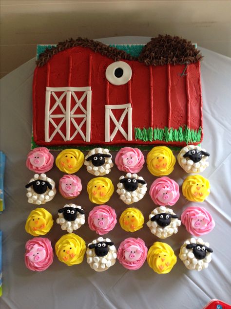 Made this barn cake and cupcake animals for my friends' baby's first birthday! Barn Animal Cupcakes, Farm Cupcake Cake, First Birthday Cupcake Cake, Cupcake Animals, Farm Cupcakes, Birthday Cake Boys, Farm Animal Birthday Party, Farm Birthday Cakes, Barnyard Cake