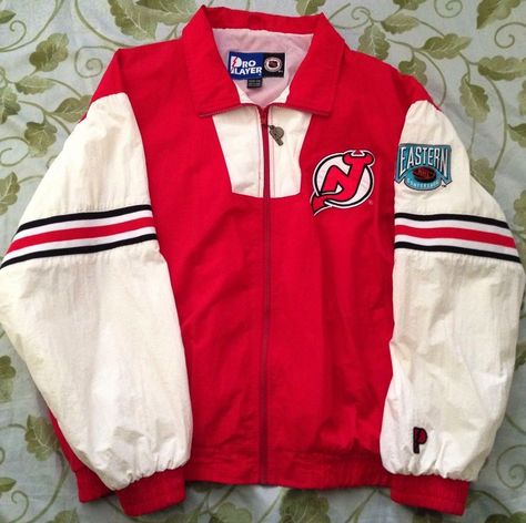 New Jersey Devils Jacket by Pro Player (94/95?) Nhl Wag Jacket, Style Hockey Jersey Outfit, Senior Breakfast, Hockey Jacket, Hockey Game Outfit, Hockey Outfits, Hockey Sweater, Game Outfit, Team Jackets