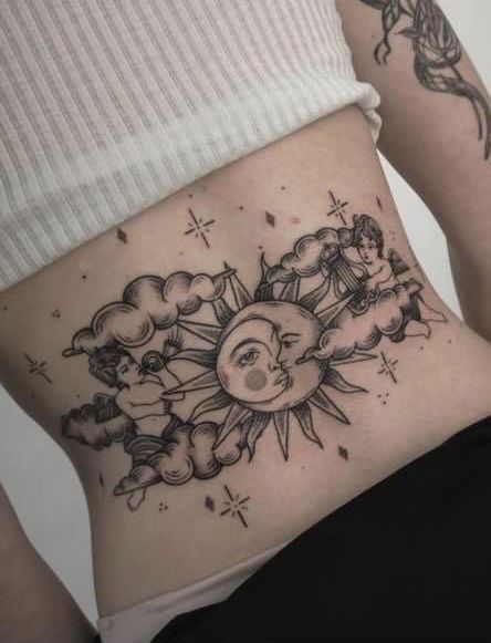 back sun and moon tattoo Back Sun And Moon Tattoo, Crescent Moon Tattoo Design, Moon Tattoo Design, Sun And Moon Tattoo, Cherub Tattoo, Moon Tattoos, Crescent Moon Tattoo, Back Piece Tattoo, Hip Tattoos Women