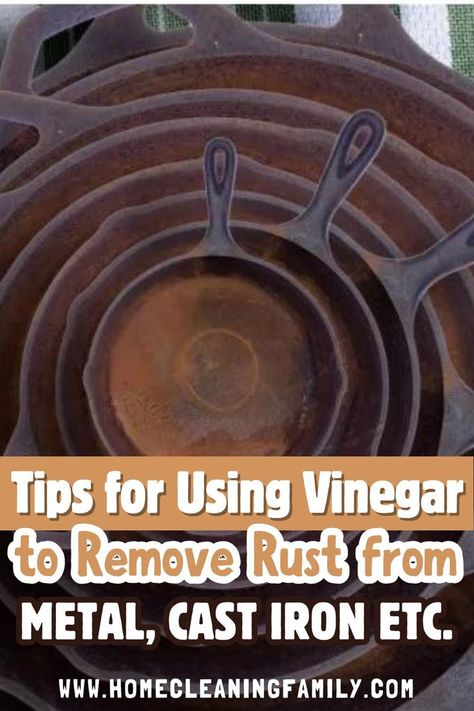 Here you will discover vinegar rust removal tips for removing rust with vinegar from metal, cast iron skillets, clothes, and carpets. Say goodbye to those ugly rust stains. Check it out! Cleaning Cast Iron Pans, Cast Iron Care, Clean Baking Pans, Cast Iron Cleaning, Remove Rust, Cleaning Painted Walls, Cast Iron Stove, How To Clean Rust, Cast Iron Recipes