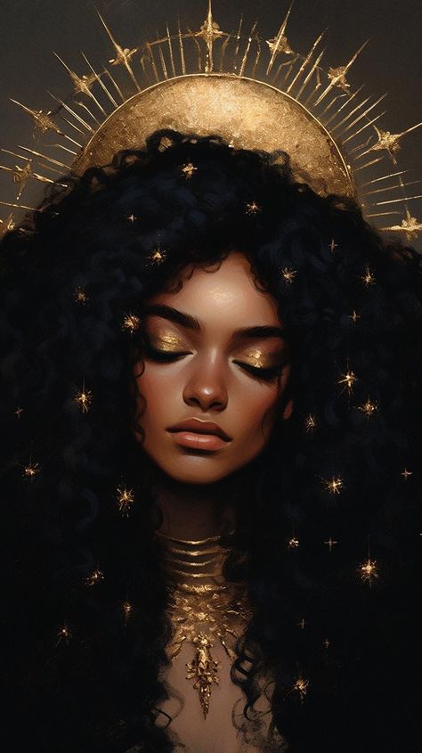 Black Faerie Aesthetic, Faerie Aesthetic, Goddess Makeup, Woman In Gold, Black Goddess, Golden Sun, Season Of The Witch, Fantasy Aesthetic, Afro Art