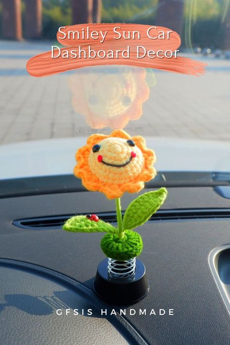 Total tall- 6 inches 🌸 Kawaii smiley sun & star car ornament with a double side tape on the bottom, easy to stick on the desk or as a cute car decoration. 🌸 Come with a scented felt pad with a pleasant fragrance, perfect to relieve your stress when driving. 🌸 With the spring installed on the bottom, it will bobble happily when flicking the flower slightly. Car Dashboard Decor, Smiley Sun, Dashboard Decor, Flower Car, Car Accessories For Women, Interior Car, Cute Car Accessories, Kawaii Crochet, Car Dashboard