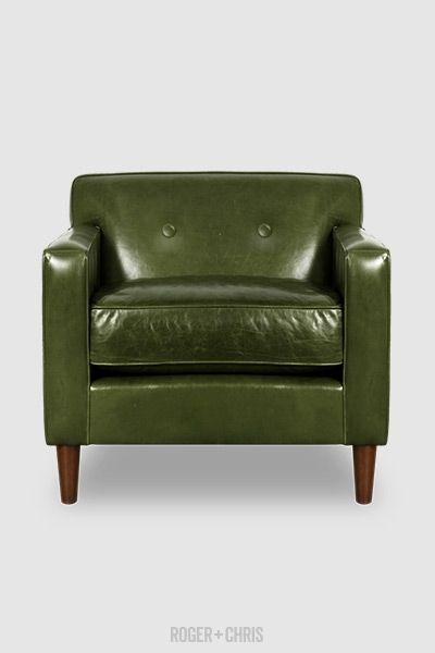 Midcentury Modern Leather Chair, Leather Arm Chair, Green Leather Chair  Our Sport leather chair combines Midcentury Modern touches we love, a delicately rectilinear form, oversized buttoned backrest, inset dowel legs  and adds features that you'll only find at Roger + Chris.   Shown: Sport armchair in Mont Blanc Winter Pine green leather  #rogerandchris Sitting Ideas, Green Leather Chair, Green Sofas, Best High Chairs, Tan Leather Chair, Modern Leather Chair, Green Leather Sofa, Leather Armchair Modern, Pine Chairs