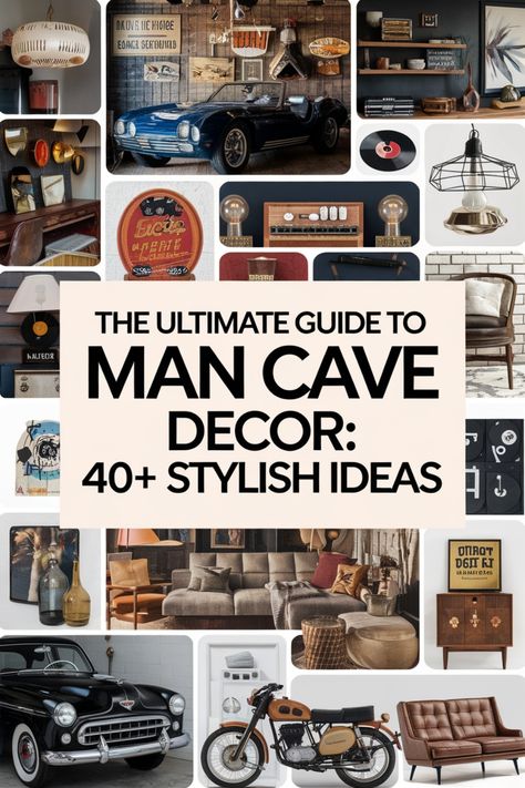 Collage of stylish man cave decor ideas, featuring vintage cars, motorcycles, furniture, and accessories. Man Cave Bathroom Ideas, Man Cave Decorations, Cave Decorations, Beer Deer, Small Man Cave, Modern Man Cave, Home Retreat, Gamer Decor, Man Cave Bathroom