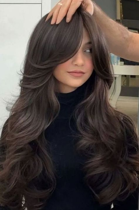 29+ Stunning Long Hair Styles with Layers and Curtain Bangs for a Trendy Look Layer Wavy Hair Long, Layer With Bangs Haircut, Brunette Hair Long Curtain Bangs, Haircut Ideas For Long Hair Wavy, Haircut Design For Long Hair, Women’s Haircut Long Hair, Med Layers With Curtain Bangs, Layered Hair Inspo Long, Hairstyles With Long Hair And Bangs