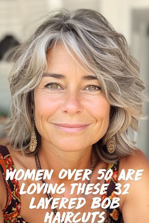 Older women love the Shaggy Bob with Layers for a reason! This cool, textured cut adds tons of style and works with all hair types. It’s the perfect way to embrace your natural waves or curls and look awesome. Save this for your next layered bob haircut inspiration for women over 50! Medium Length Hair With Layers Highlight, Medium Length Hair With Layers Gray, Gray Shaggy Bob Hairstyles, Textured Bob Grey Hair, Stylish Gray Hairstyles, Textured Bob Haircut For Fine Hair, Older Women Wavy Hairstyles, Layered Lob Wavy Hair, Stacked Medium Bob Haircut