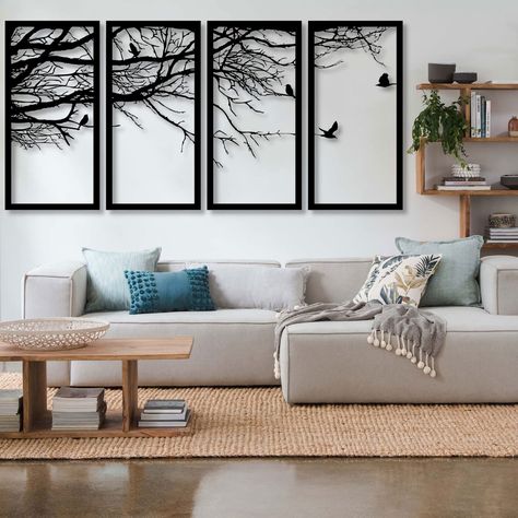 PRICES MAY VARY. Metal Tree of Life Wall Art Decor: Add a touch of elegance and sophistication to your home decor. This stunning piece features four panels of intricate metalwork that depict the tree of life in all its beauty and majesty. The delicate branches and leaves are crafted with attention to detail and finished in a sleek metallic finish that adds a touch of glamour to any space. Special Gift Idea: Perfect for use in your living room, bedroom, or office, this metal wall art is a versati Wall Behind Couch Decor, Tree Of Life Decor, Cozy Living Room Furniture, Couch Wall Decor, Large Wall Decor Living Room, Tree Sign, Home Decor Metal, Wall Panel Design, Wall Panels Bedroom