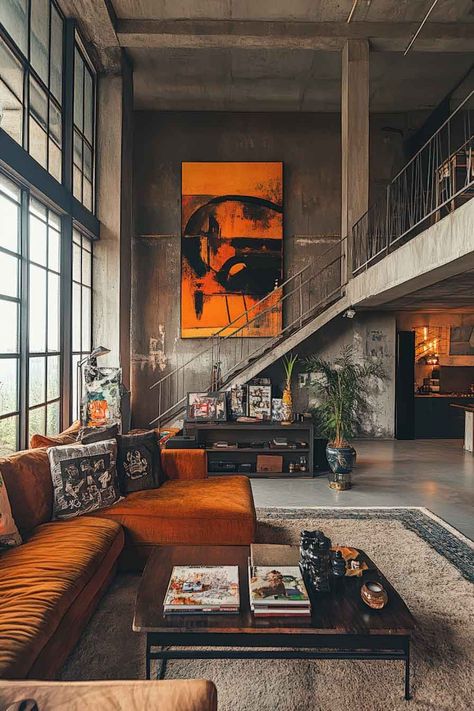 High-ceiling industrial living room with bold architectural details. High Ceiling Apartment, Industrial Living Room Ideas, Loft Aesthetic, Beautiful Houses Exterior, Creative Bathroom Design, Modern Industrial Living Room, Neutral Bedroom Design, Utility Room Designs, Industrial Living Room