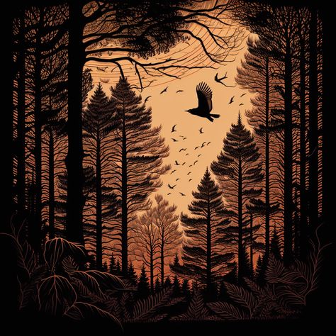 Forest Birds, Wood Illustration, Dense Forest, Art Foundation, Birds In The Sky, Copper Engraving, Visual Style, The Setting Sun, Flying Bird