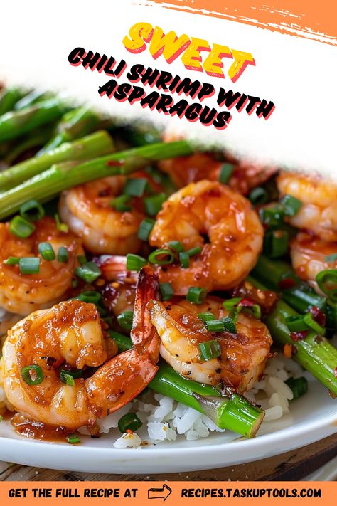 Discover the perfect balance of flavors with this Sweet Chili Shrimp with Asparagus recipe. This dish combines succulent shrimp sautéed to perfection with crisp asparagus, all coated in a deliciously sweet and spicy chili sauce. Ideal for weeknight dinners or special occasions, its quick to prepare and bursting with vibrant colors and tastes. Elevate your culinary skills and impress your guests with this easy-to-follow recipe that brings a taste of the exotic straight to your table. Pin this for your next meal inspiration! Shrimp And Asparagus Recipes, Sweet Chilli Shrimp Recipe, Sweet Chilli Shrimp, Shrimp In Sweet Chili Sauce, Spicy Sauteed Shrimp, Shrimp Stir Fry Sweet Chili Sauce, Sweet Chili Shrimp Recipe, Sweet Chili Shrimp, Chili Shrimp