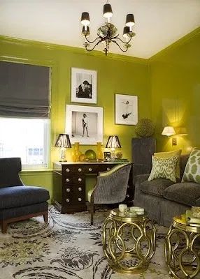 Green Living Room Ideas, Yellow Decor Living Room, Gold Office Decor, Green Living Room, Work Office Decor, Yellow Room, Yellow Living Room, Dining Room Combo, Room Paint Colors