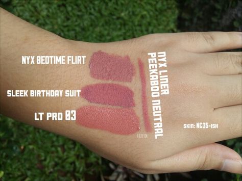 Lip swatch 1. Nyx Lingerie Liquid Lipstick - Bedtime Flirt 2. Sleek Matte Me - Birthday Suit 3. LT Pro Liquid Lipstick - 03 4. NYX Lip Liner - Peekaboo Neutral  Medium Skintone #lipstickswatch Nyx Liner, Nyx Lip Liner, Neutral Lip, Nyx Lingerie, Lip Colours, Neutral Lips, Nyx Lip, Lots Of Makeup, Lip Swatches