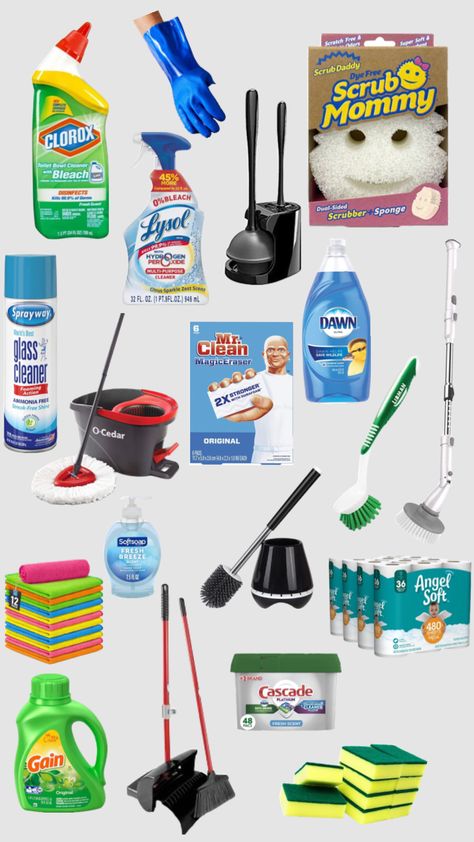 Cleaning Supplies For First Apartment, Cleaning Stuff Organization, House Life Hacks, Deep Cleaning Products, How To Clean Apartment, Essential Cleaning Supplies, Cleaning Apartment, First Home Essentials, Home Cleaning Equipment